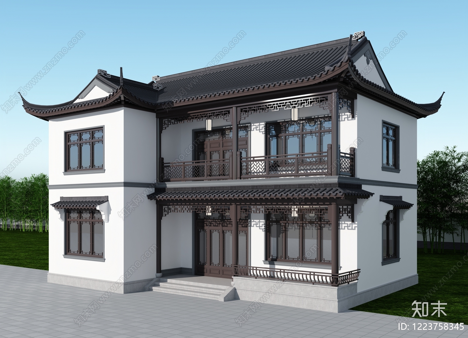 中式古建独栋别墅SU模型下载【ID:1223758345】