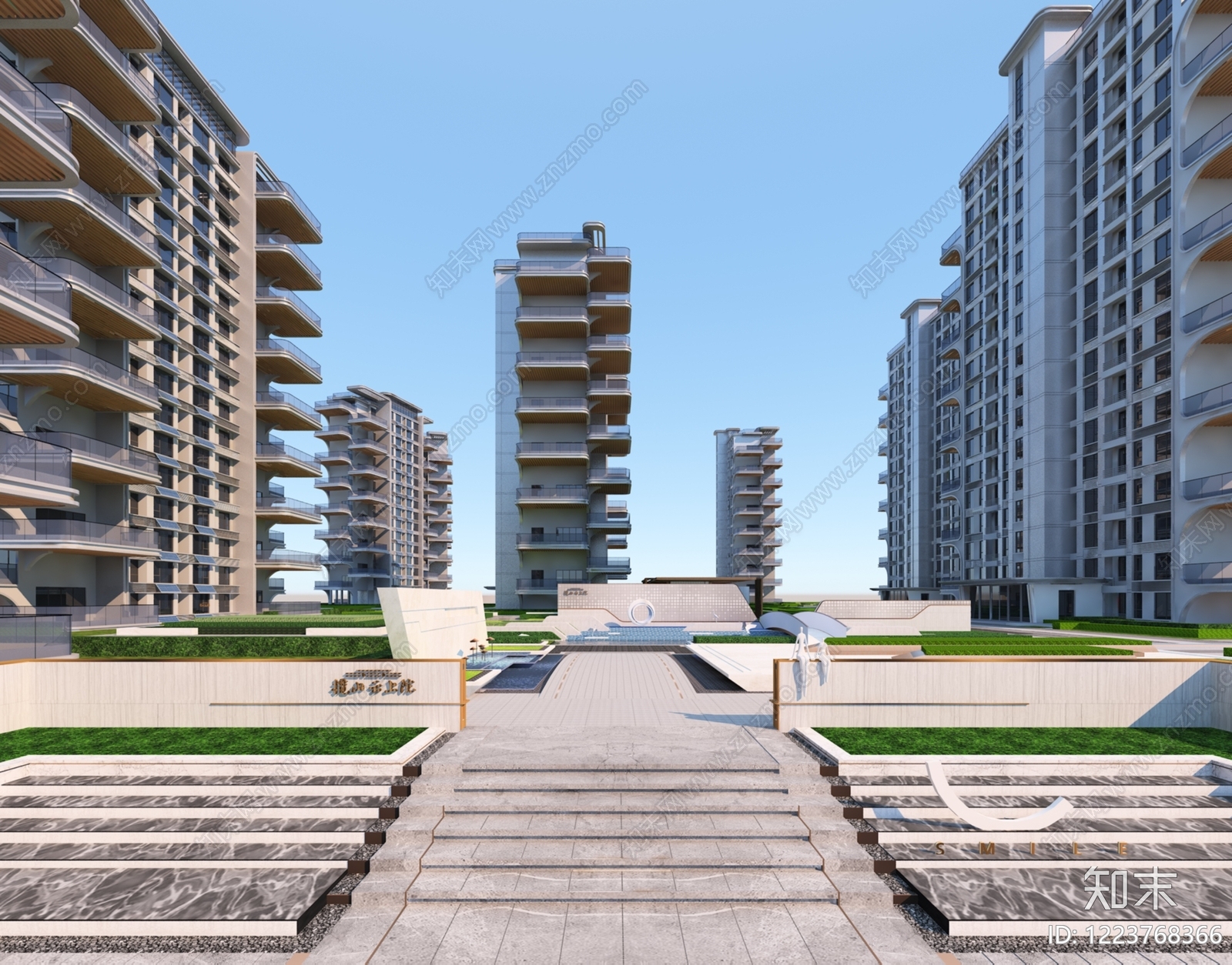 现代主义小高层住宅楼3D模型渲染效果图