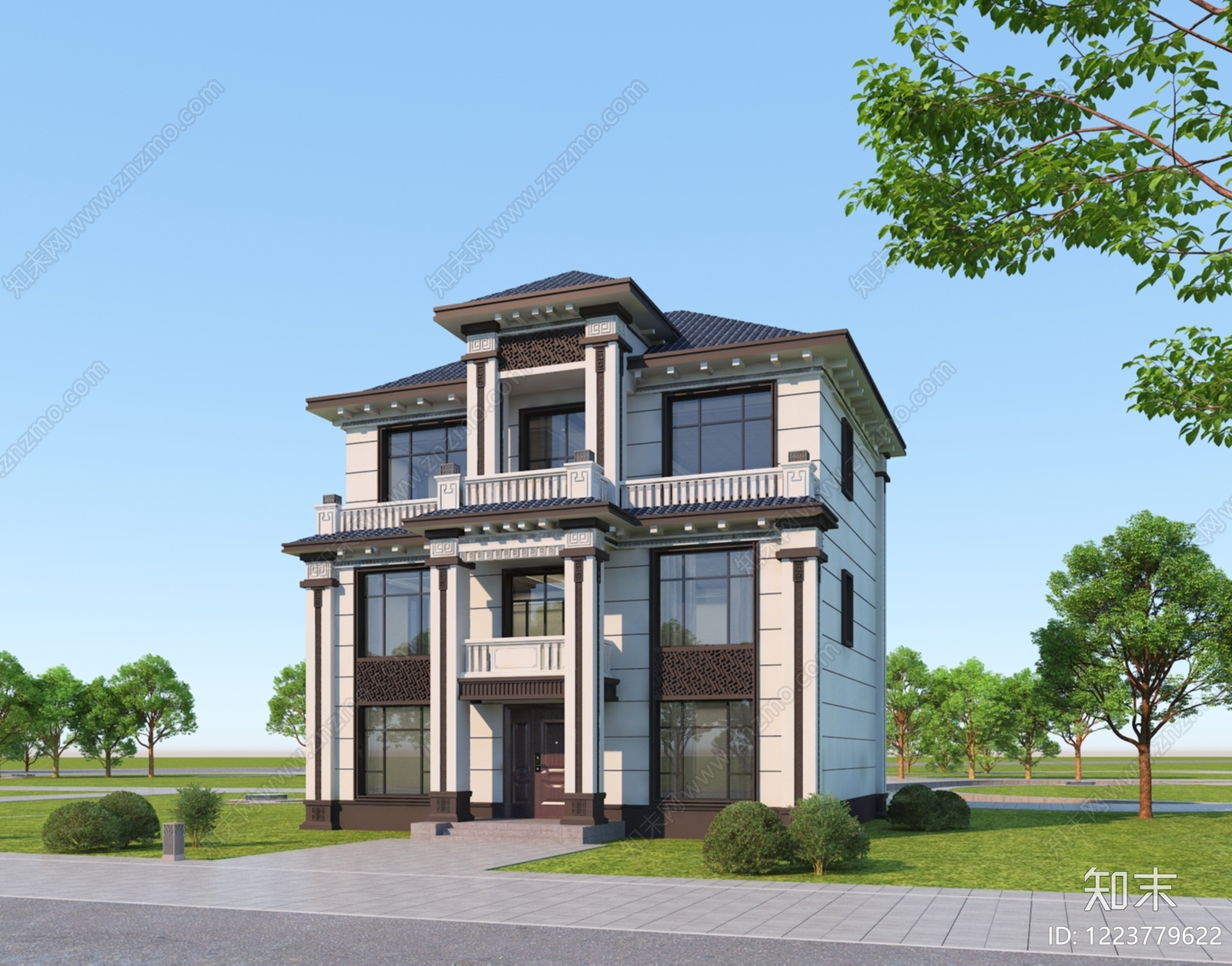 新中式别墅外观3D模型下载【ID:1223779622】