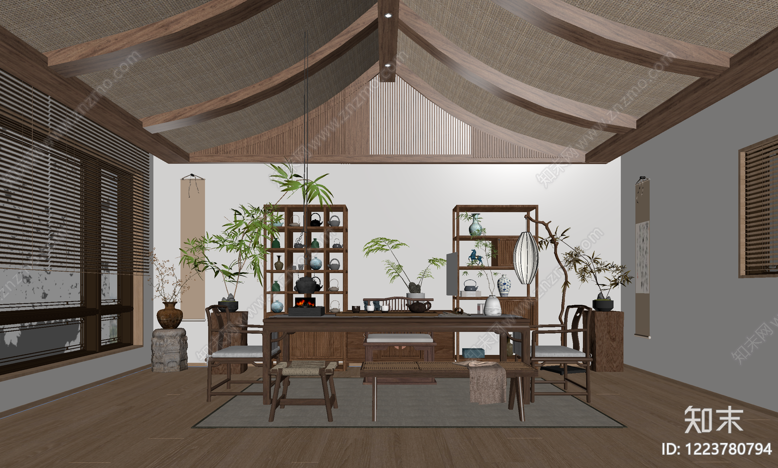 新中式茶室SU模型下载【ID:1223780794】