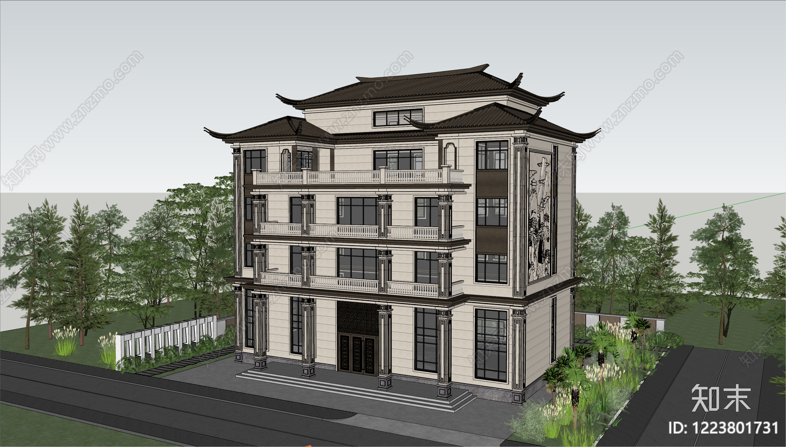 新中式独栋别墅SU模型下载【ID:1223801731】