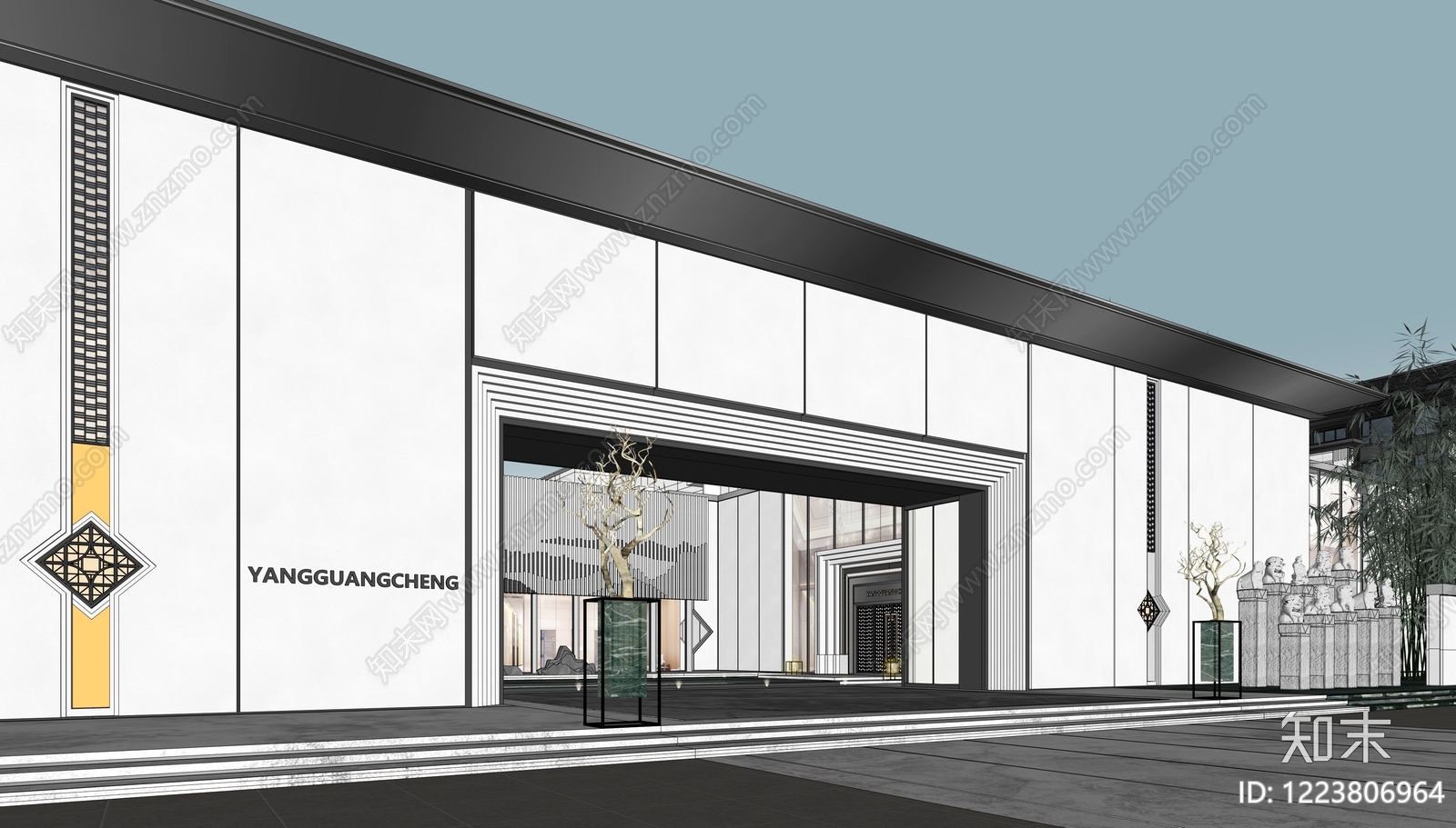 新中式小区建筑SU模型下载【ID:1223806964】
