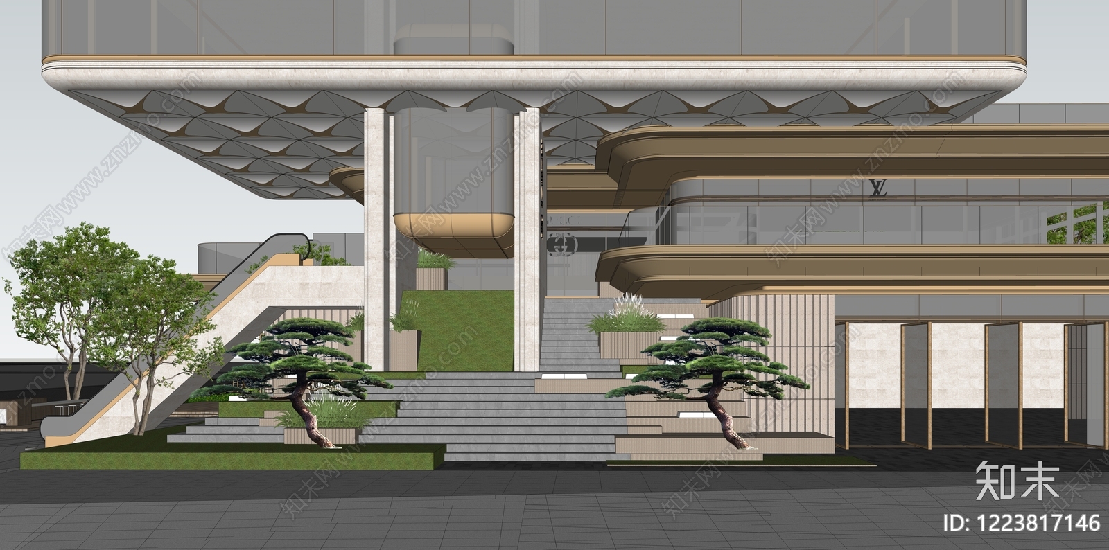 新中式景观商业街SU模型下载【ID:1223817146】