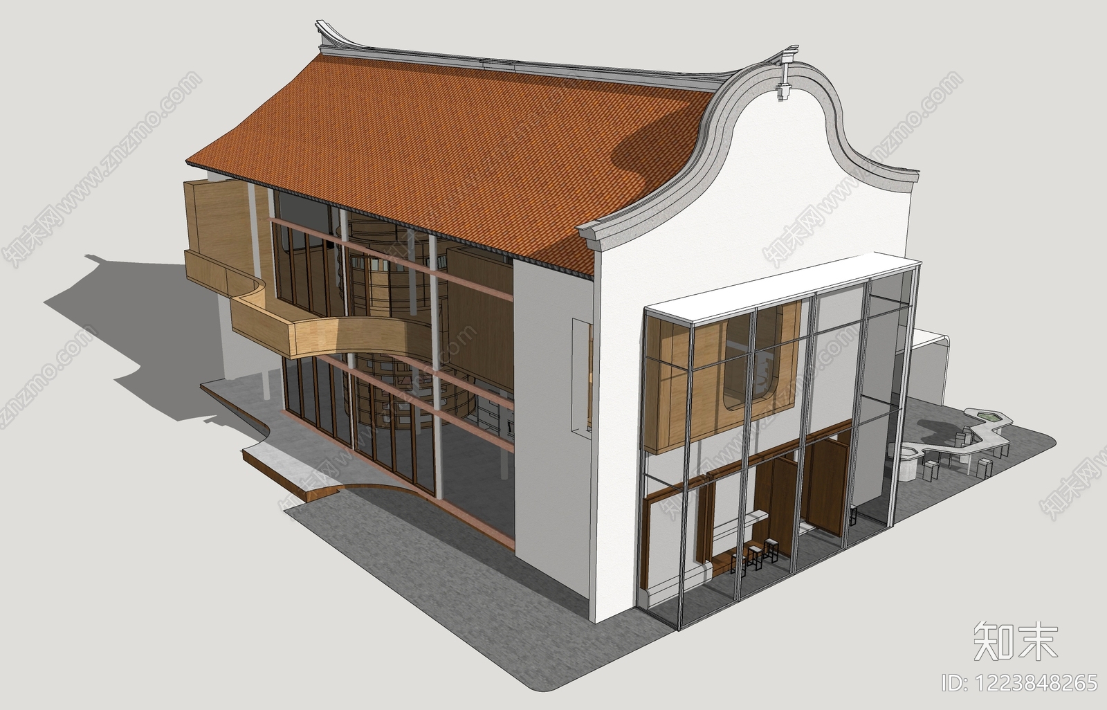 新中式图书馆建筑SU模型下载【ID:1223848265】