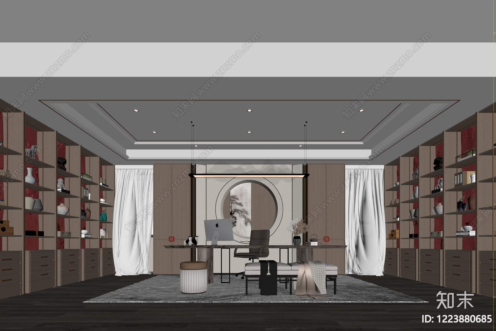 新中式董事长办公室3D模型下载【ID:1223880685】