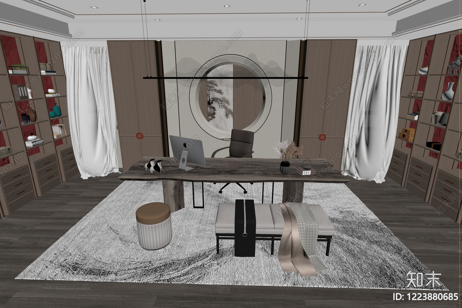新中式董事长办公室3D模型下载【ID:1223880685】