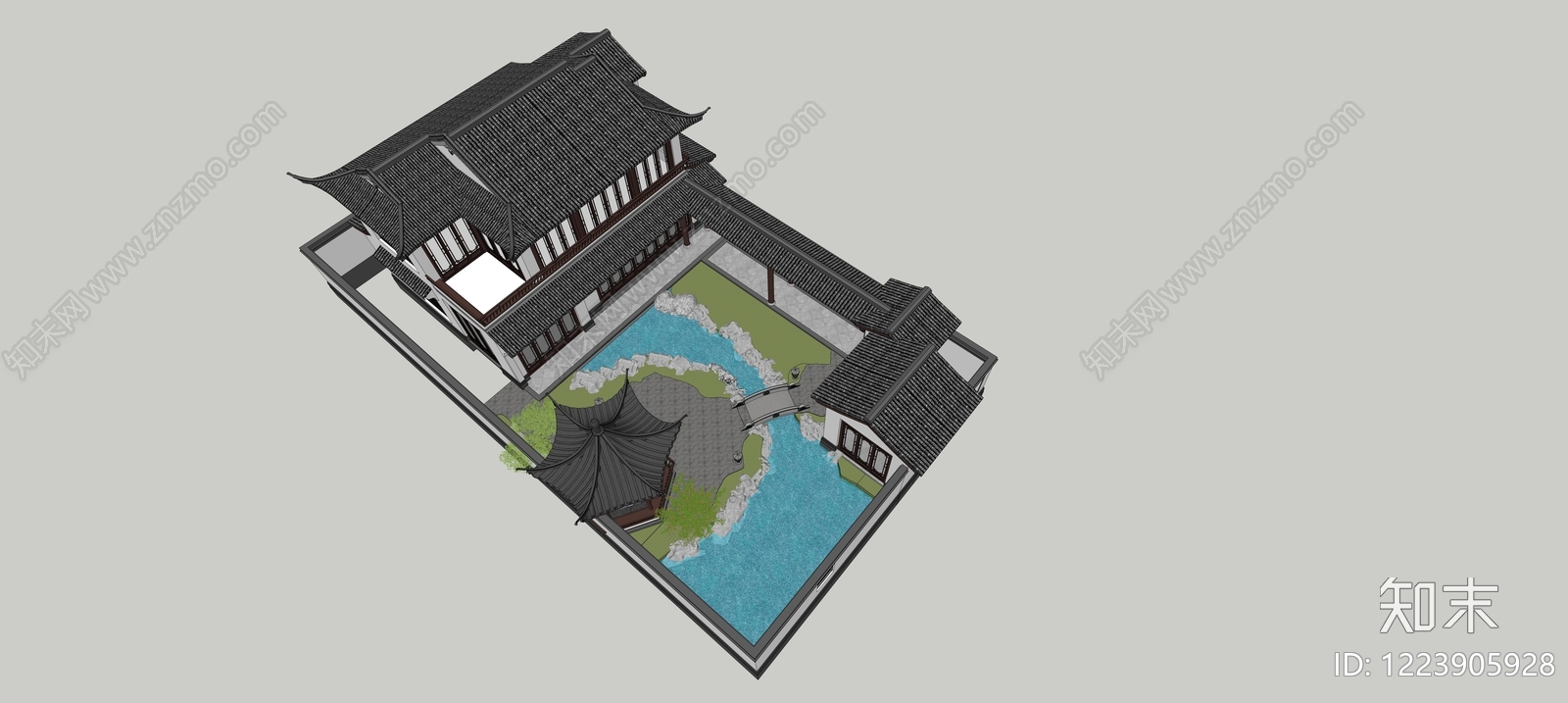 传统园林别墅庭院SU模型下载【ID:1223905928】