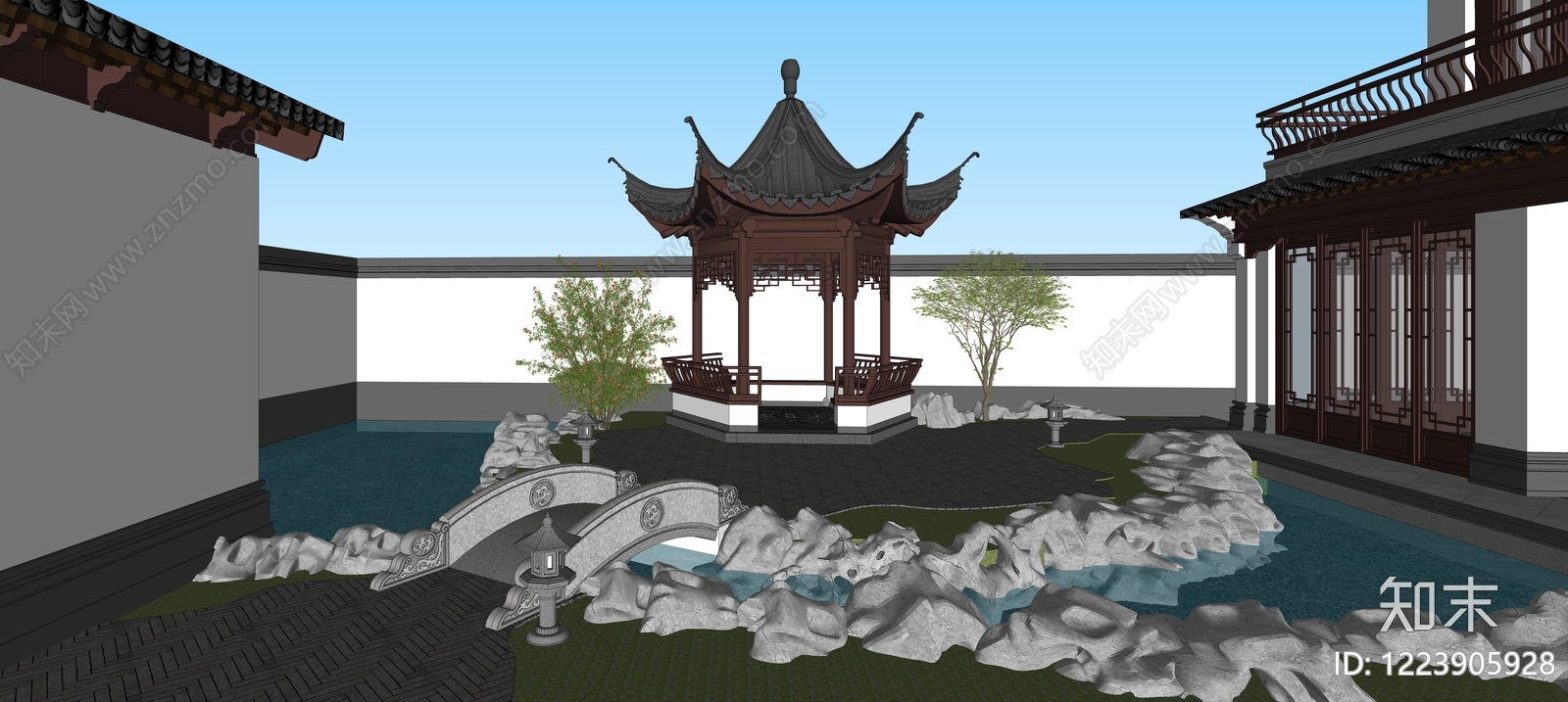 传统园林别墅庭院SU模型下载【ID:1223905928】