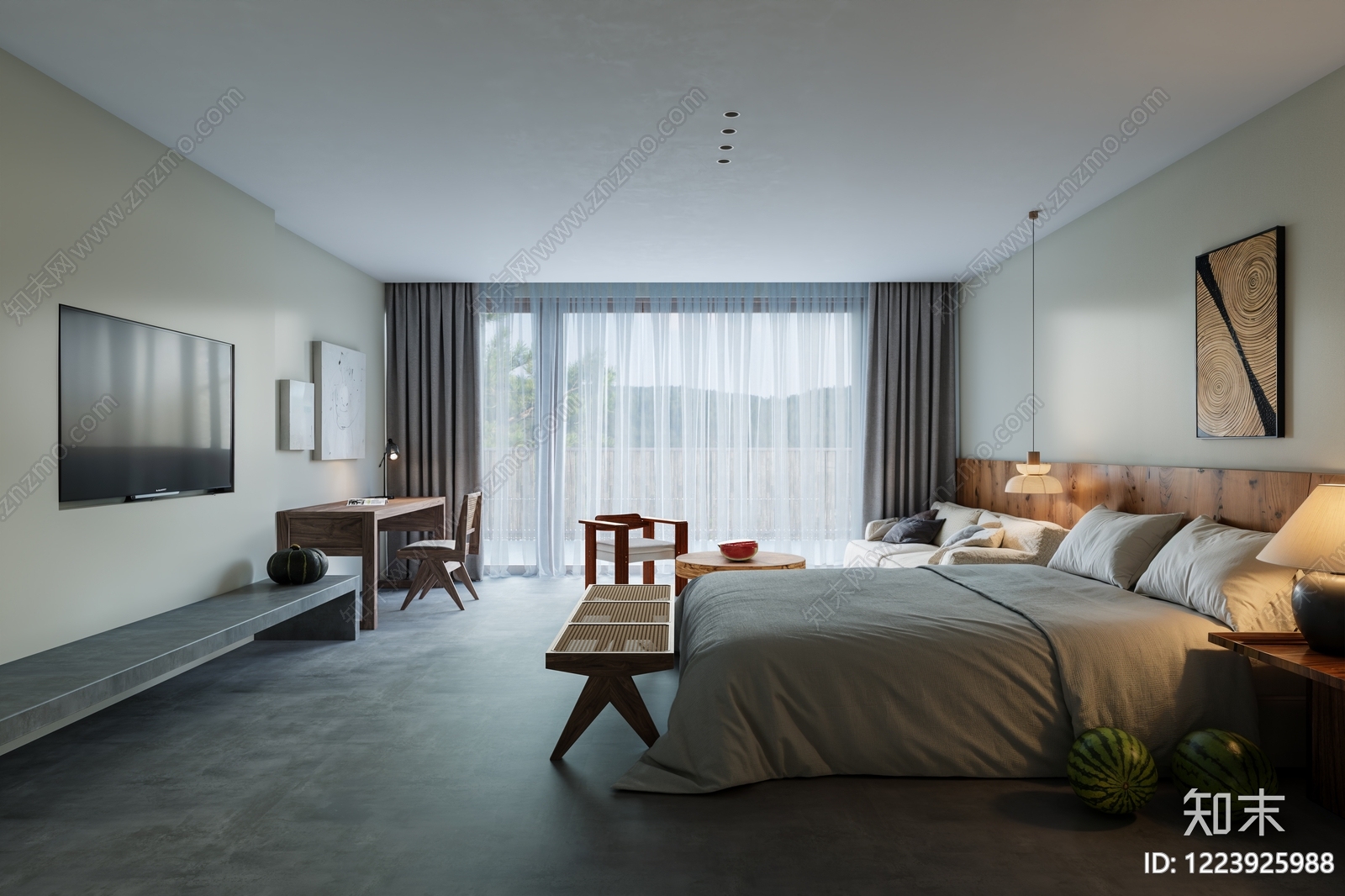 原木风家居卧室3D模型下载【ID:1223925988】