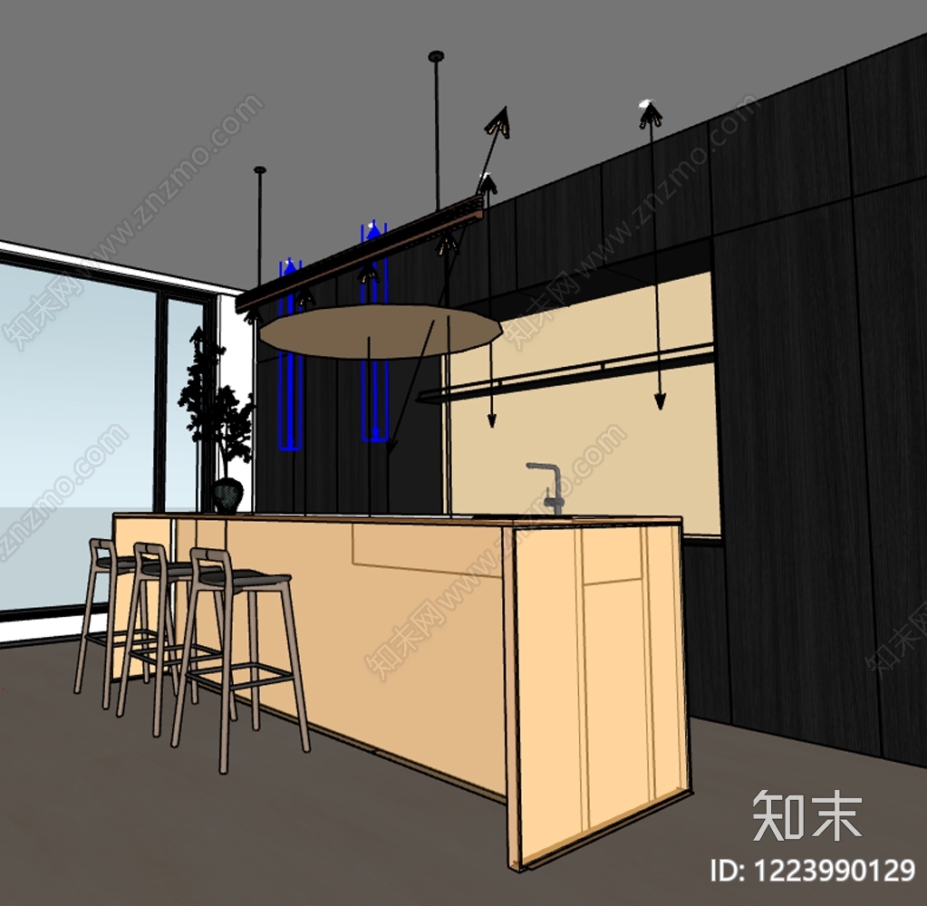 极简岛台餐厅SU模型下载【ID:1223990129】
