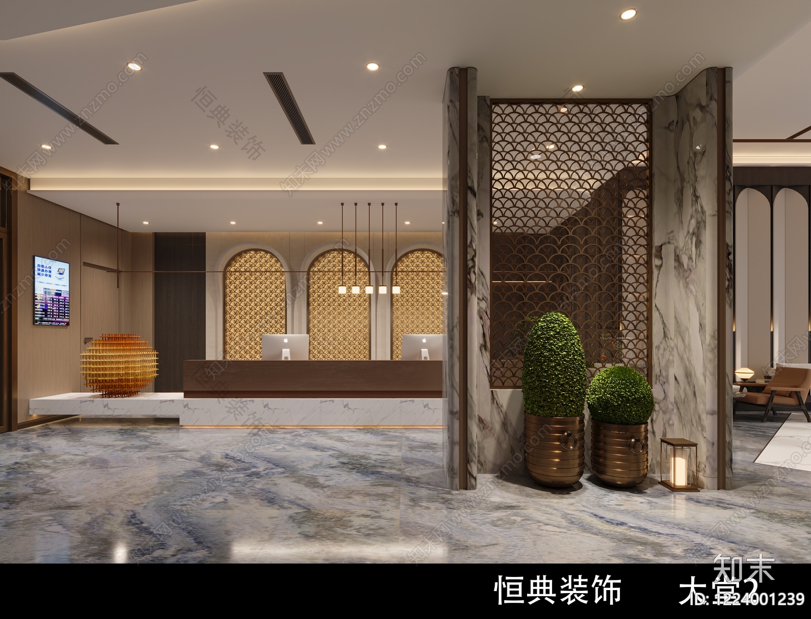 轻奢酒店大堂3D模型下载【ID:1224001239】