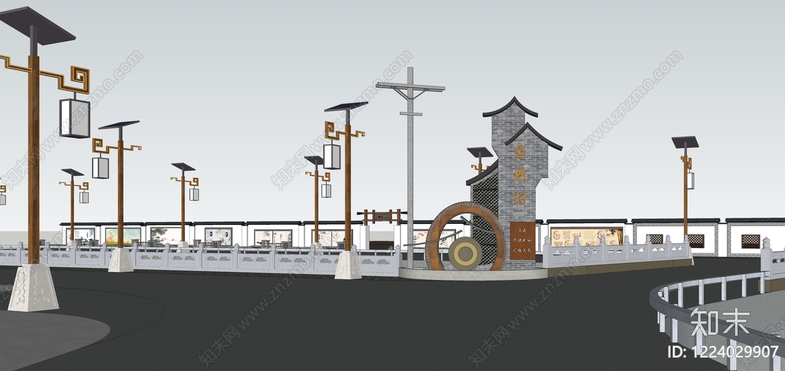 新中式景观入口大门SU模型下载【ID:1224029907】