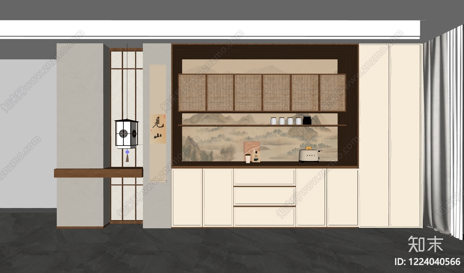 新中式餐边柜SU模型下载【ID:1224040566】