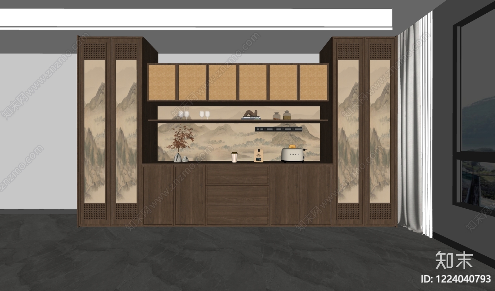 新中式餐边柜SU模型下载【ID:1224040793】