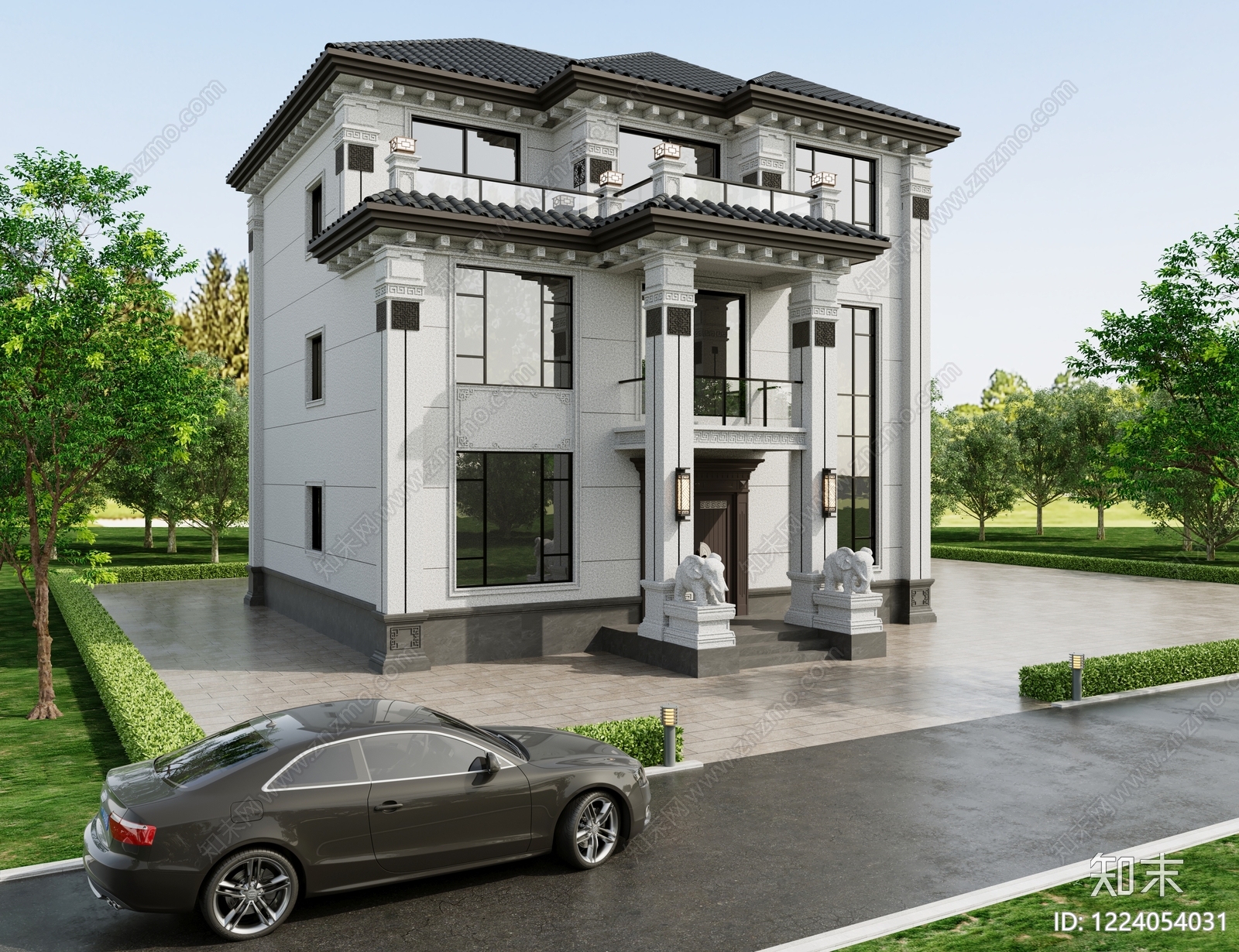新中式别墅外观3D模型下载【ID:1224054031】
