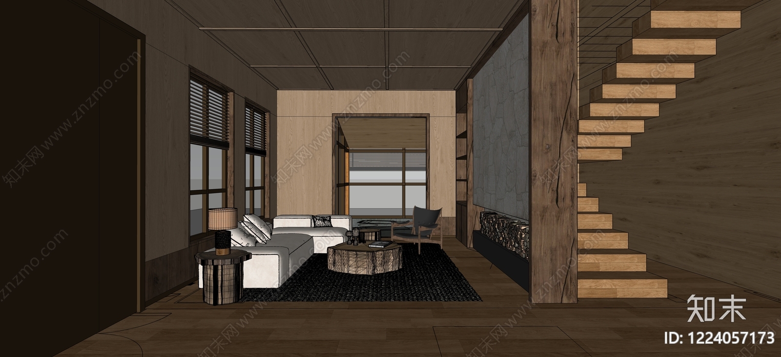 原木风观景客厅SU模型下载【ID:1224057173】
