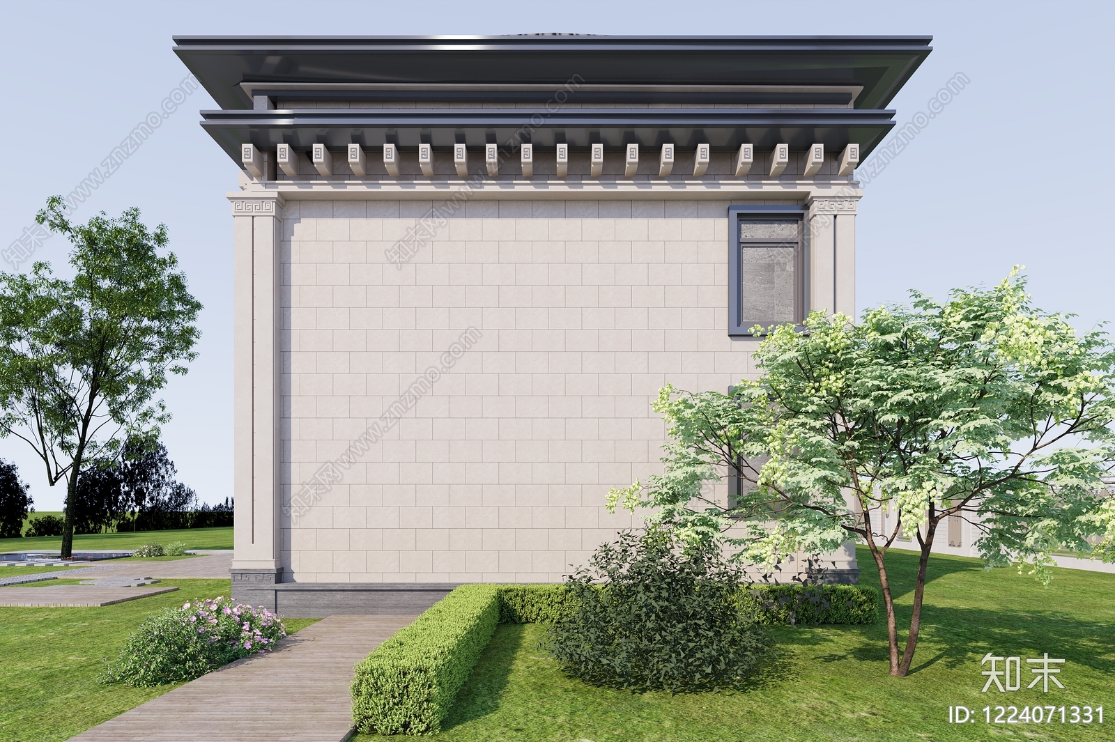 新中式别墅外观3D模型下载【ID:1224071331】
