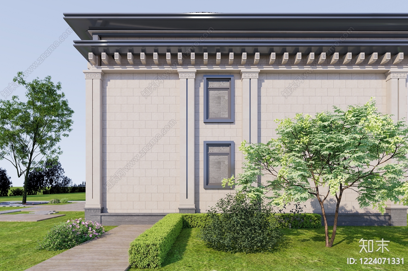 新中式别墅外观3D模型下载【ID:1224071331】