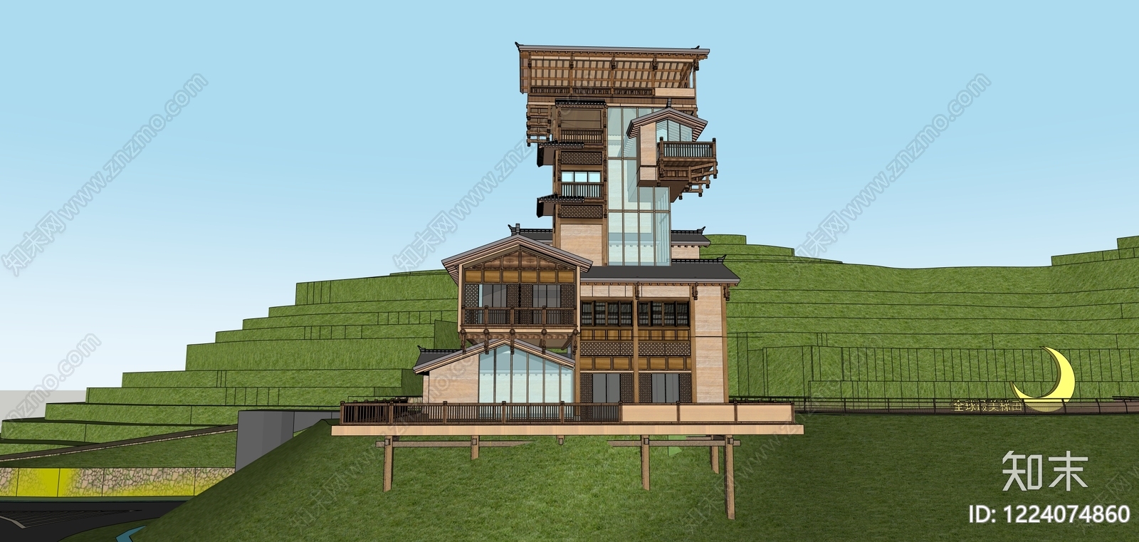 中式古建民宿建筑SU模型下载【ID:1224074860】