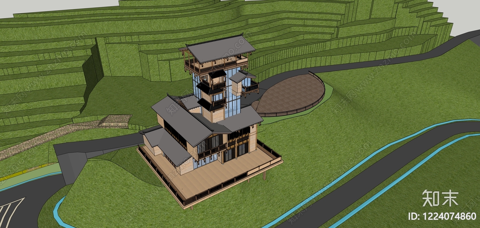 中式古建民宿建筑SU模型下载【ID:1224074860】