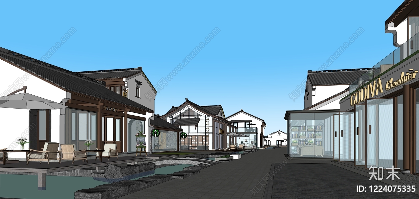 新中式商业街SU模型下载【ID:1224075335】