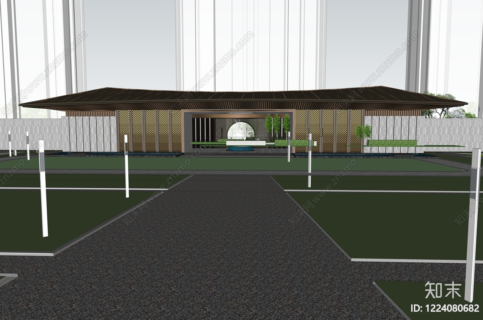 新中式景观售楼处建筑SU模型下载【ID:1224080682】