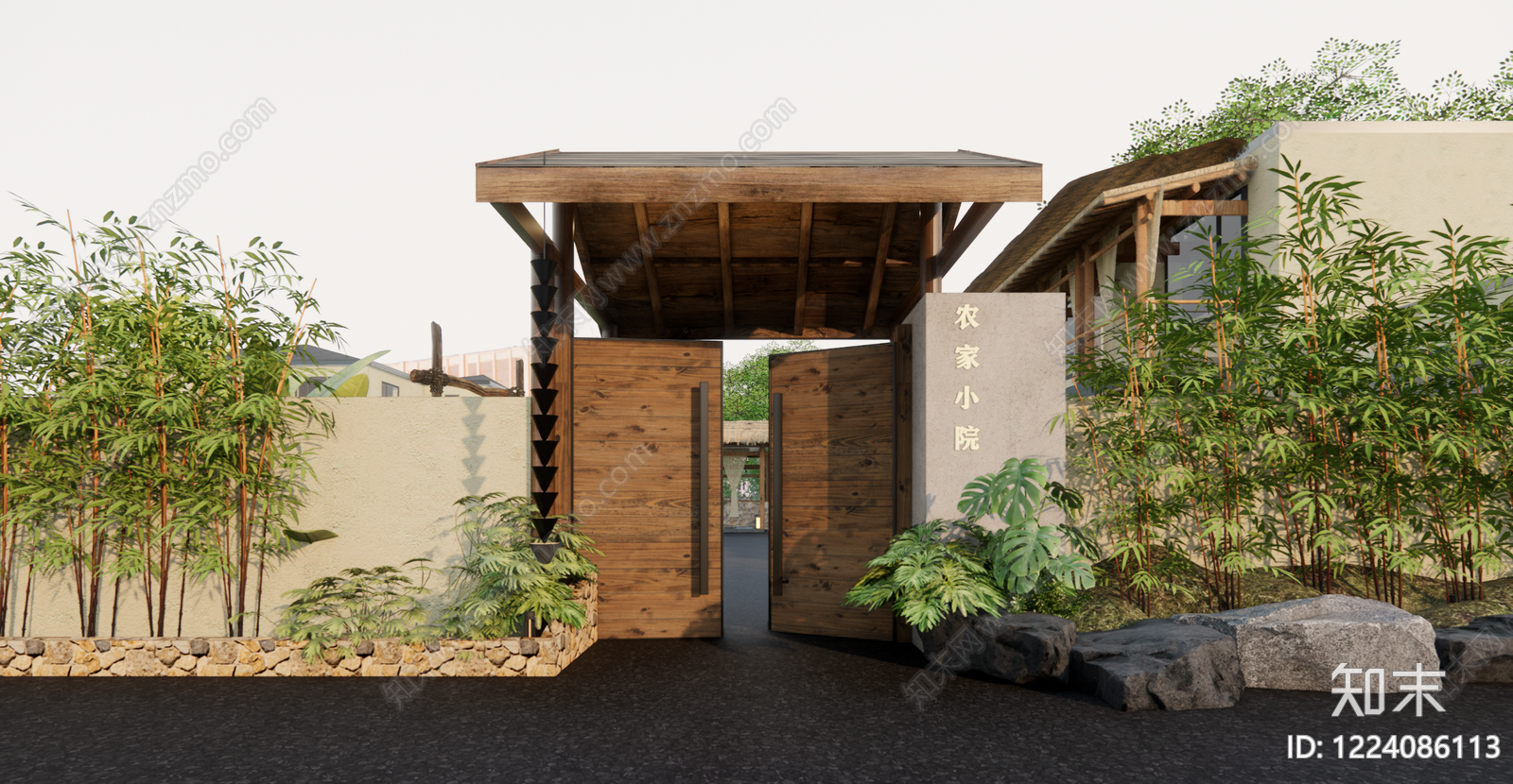 新中式景观入口大门SU模型下载【ID:1224086113】