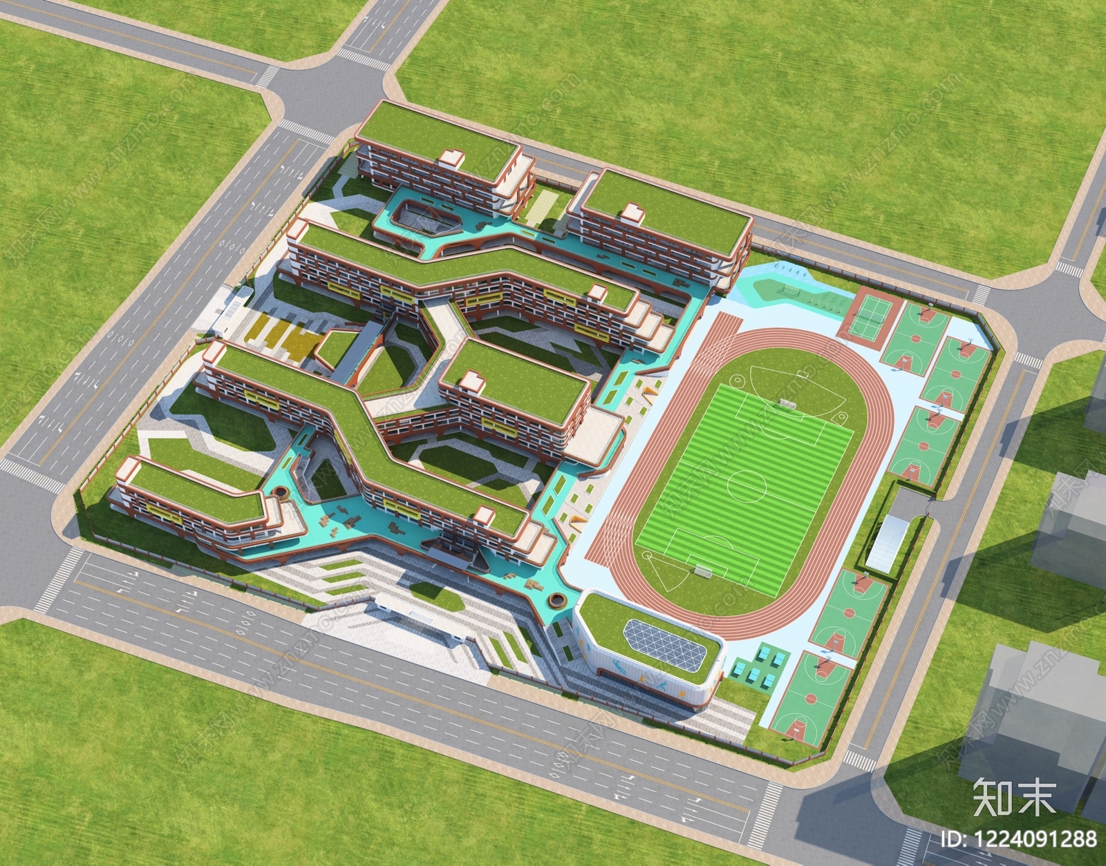 现代主义鸟瞰规划3D模型渲染效果图