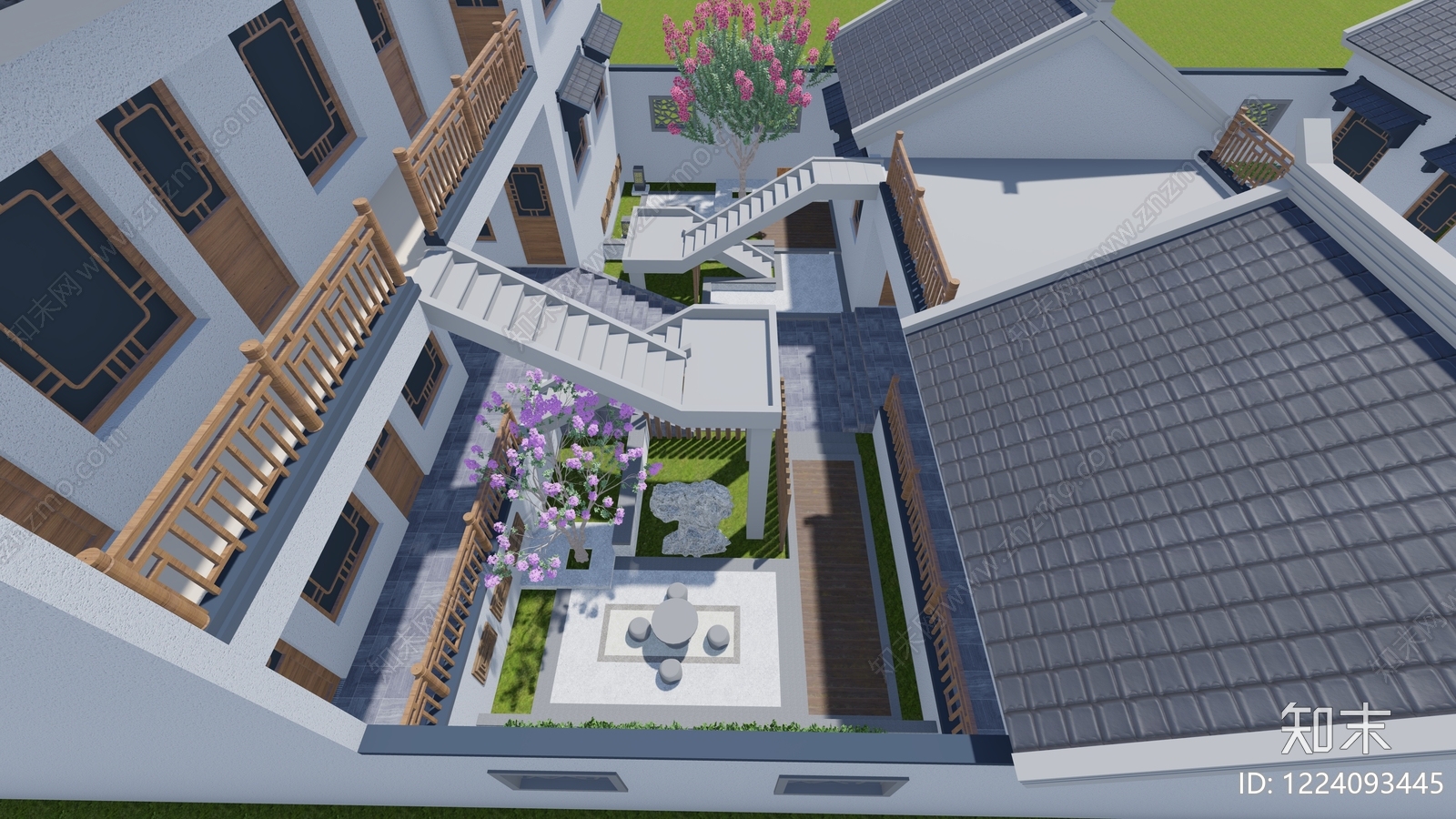中式民宿建筑SU模型下载【ID:1224093445】