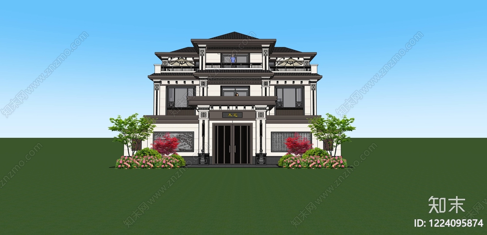 新中式独栋别墅SU模型下载【ID:1224095874】