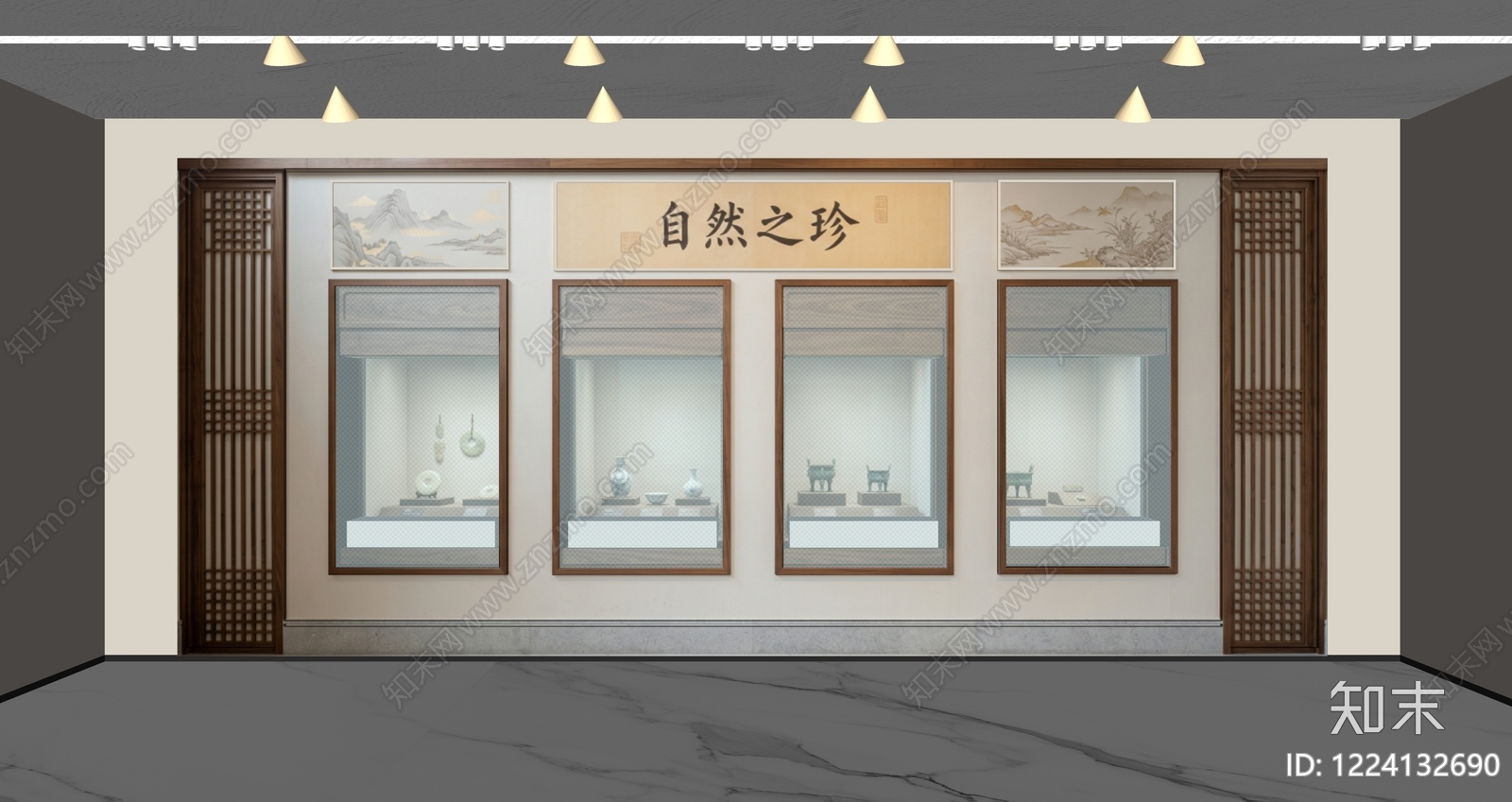 新中式博物馆展厅SU模型下载【ID:1224132690】