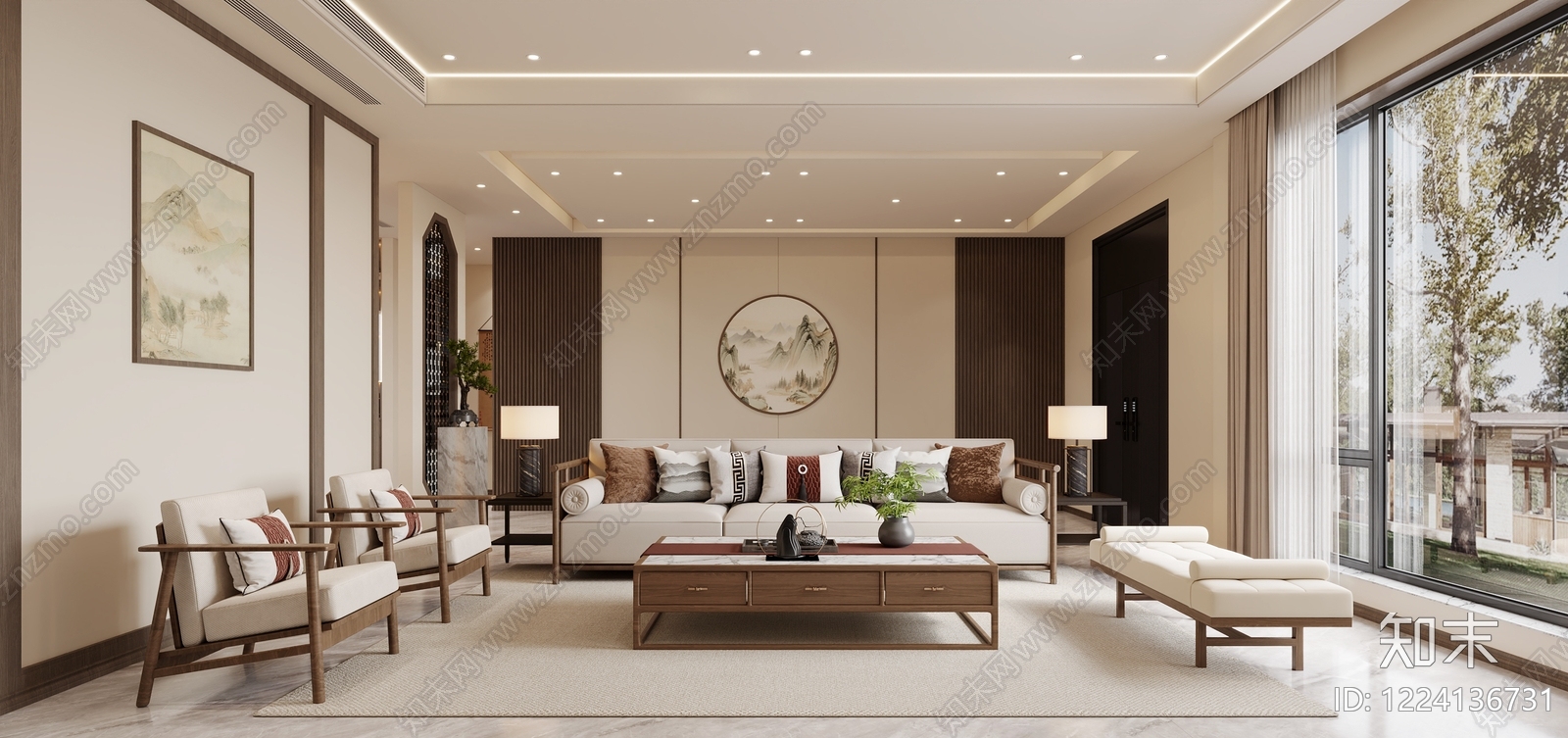 新中式别墅客厅3D模型下载【ID:1224136731】
