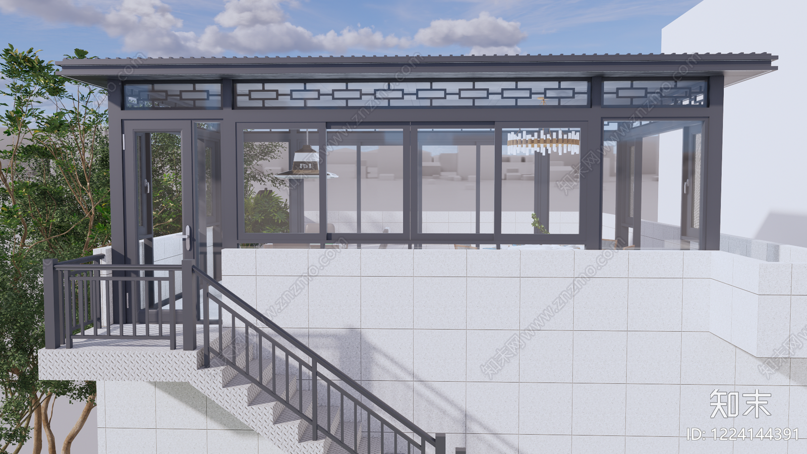 新中式餐饮建筑SU模型下载【ID:1224144391】