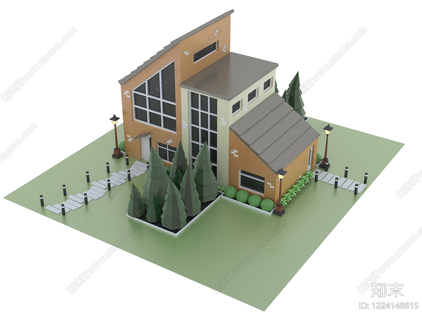 极简独栋别墅3D模型渲染效果图