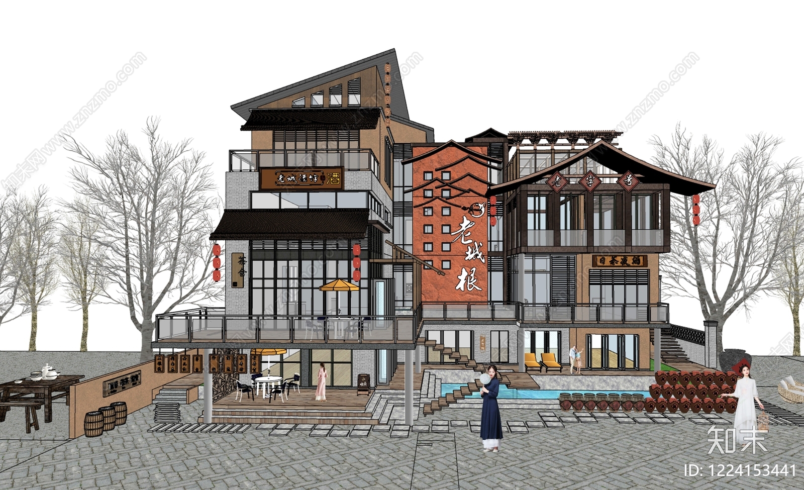 新中式餐饮建筑SU模型下载【ID:1224153441】