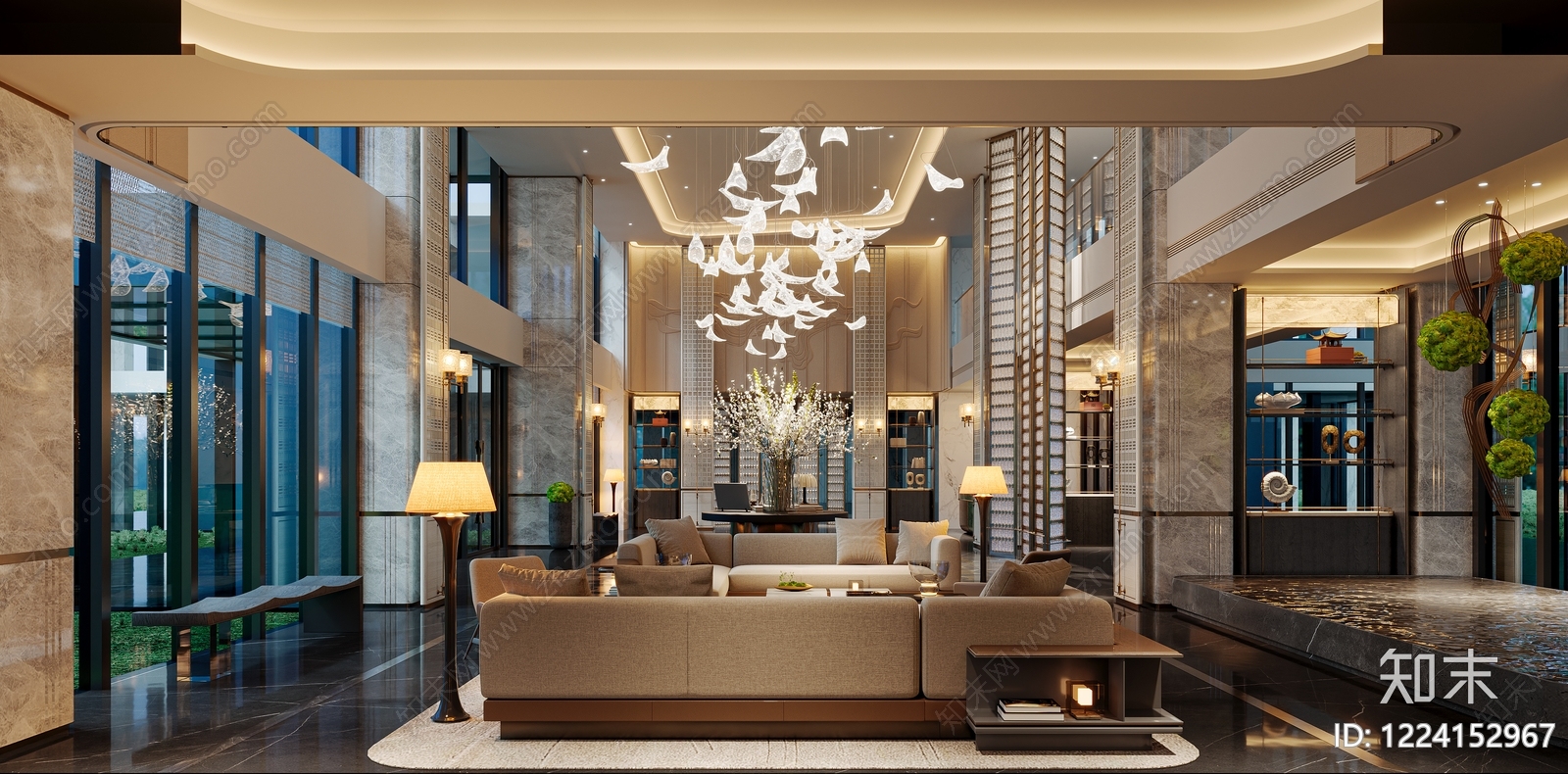 新中式酒店大堂3D模型下载【ID:1224152967】