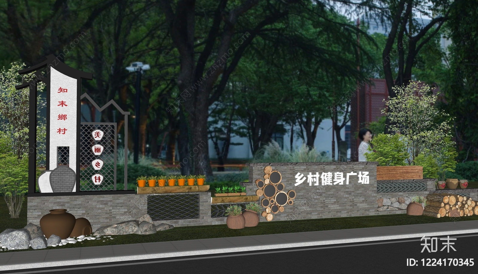 新中式景观景墙SU模型下载【ID:1224170345】