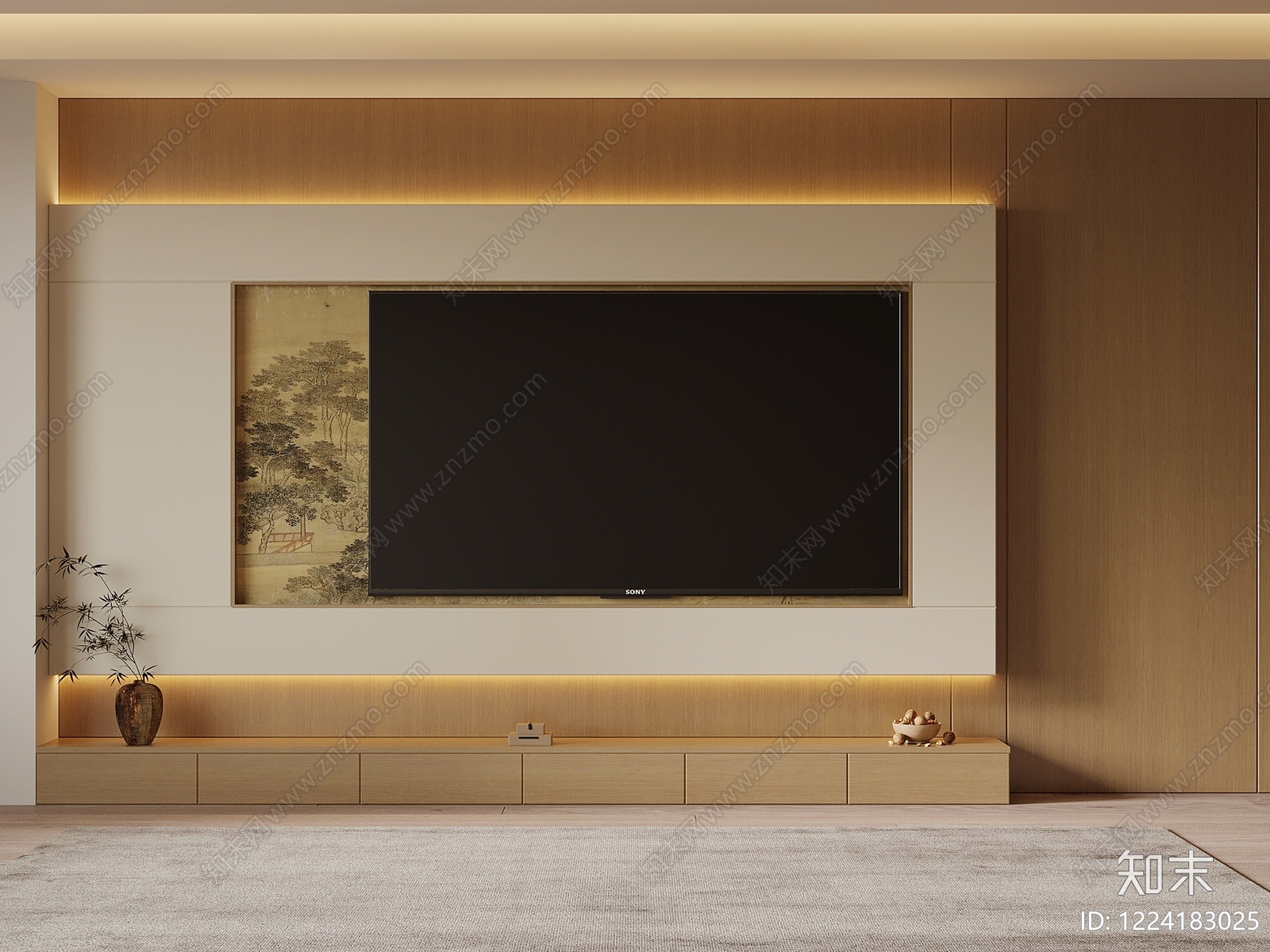 新中式电视背景墙3D模型下载【ID:1224183025】