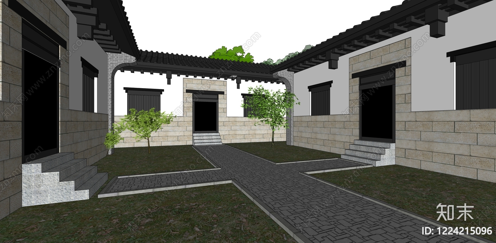 中式古建四合院SU模型下载【ID:1224215096】