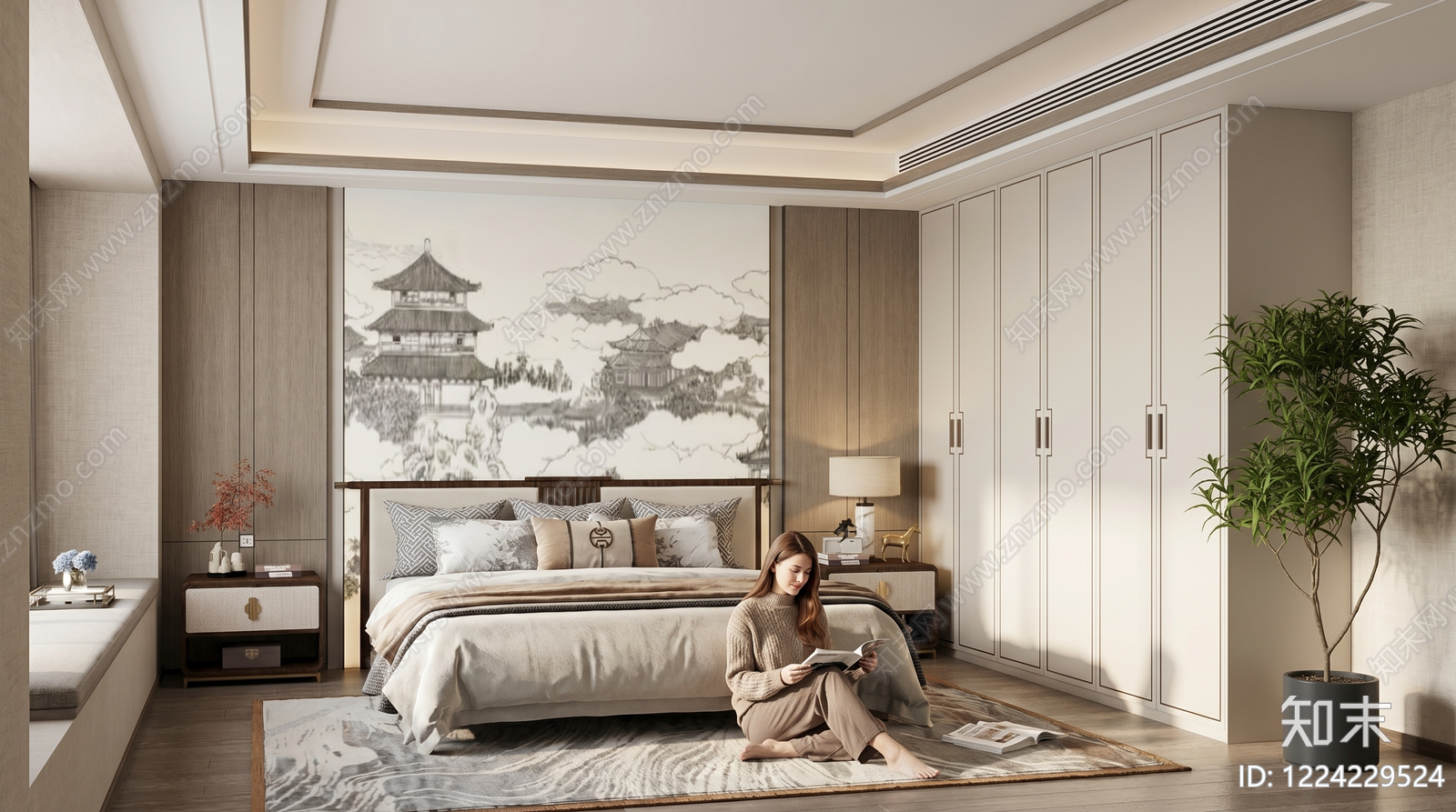 新中式主卧SU模型下载【ID:1224229524】