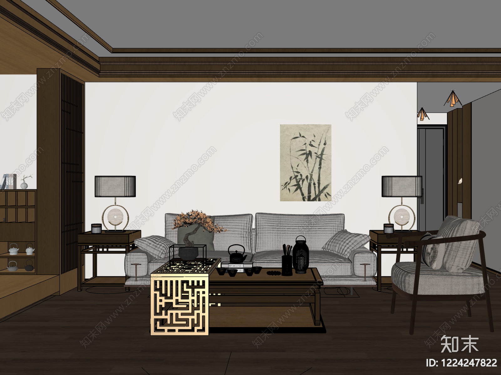 新中式客餐厅SU模型下载【ID:1224247822】
