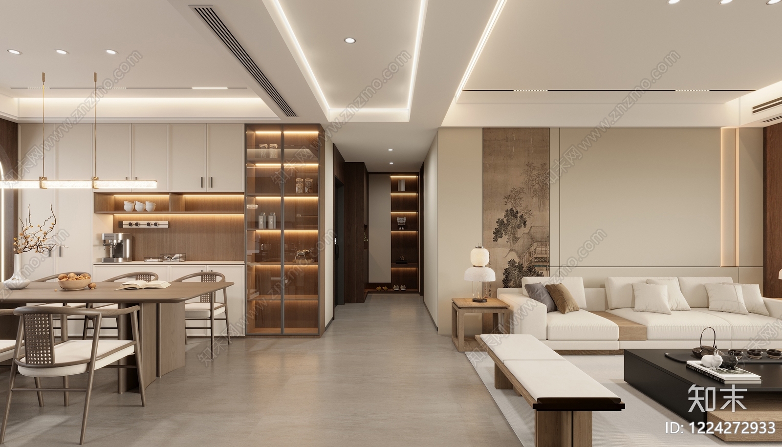 新中式客餐厅SU模型下载【ID:1224272933】