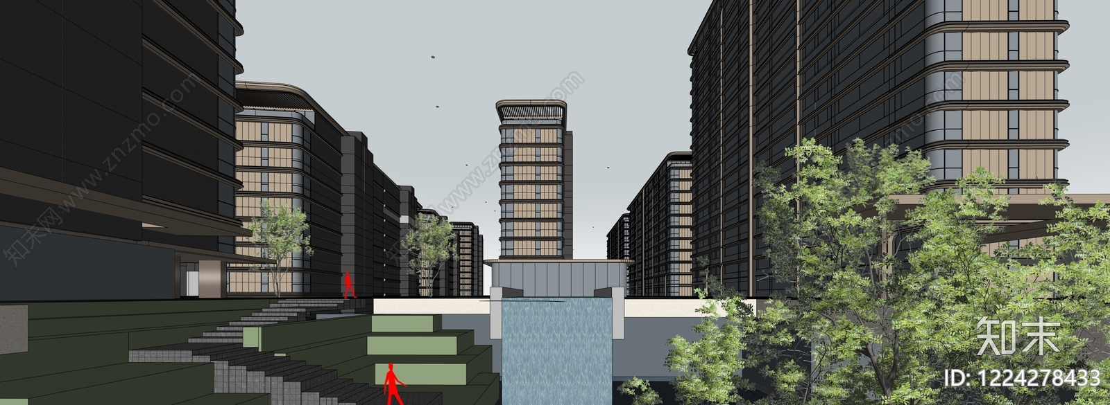 新中式景观小高层住宅楼SU模型下载【ID:1224278433】