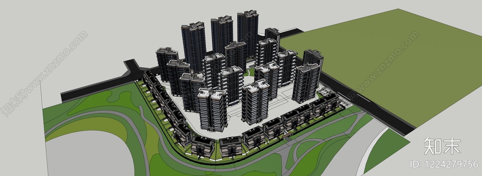 现代主义小区建筑SU模型下载【ID:1224279756】