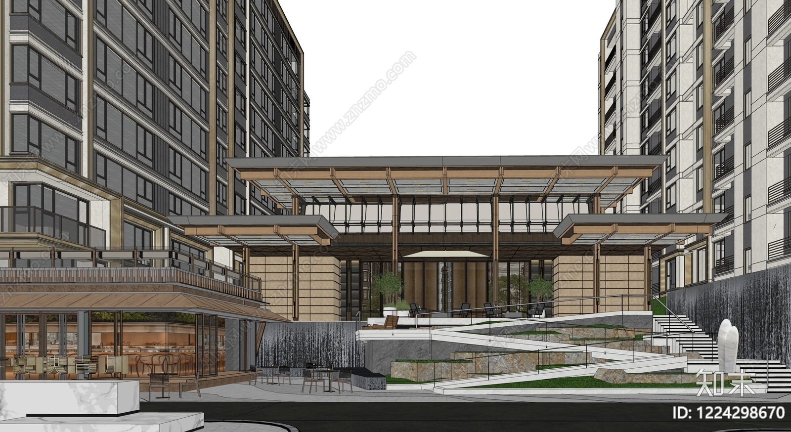 新中式小区建筑SU模型下载【ID:1224298670】