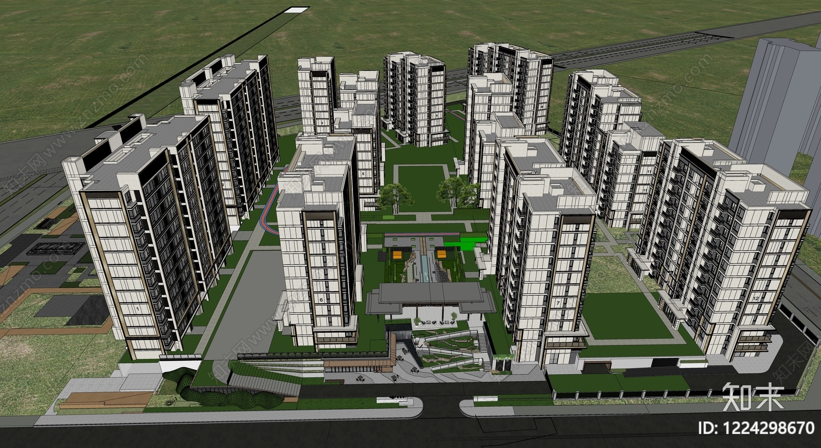 新中式小区建筑SU模型下载【ID:1224298670】