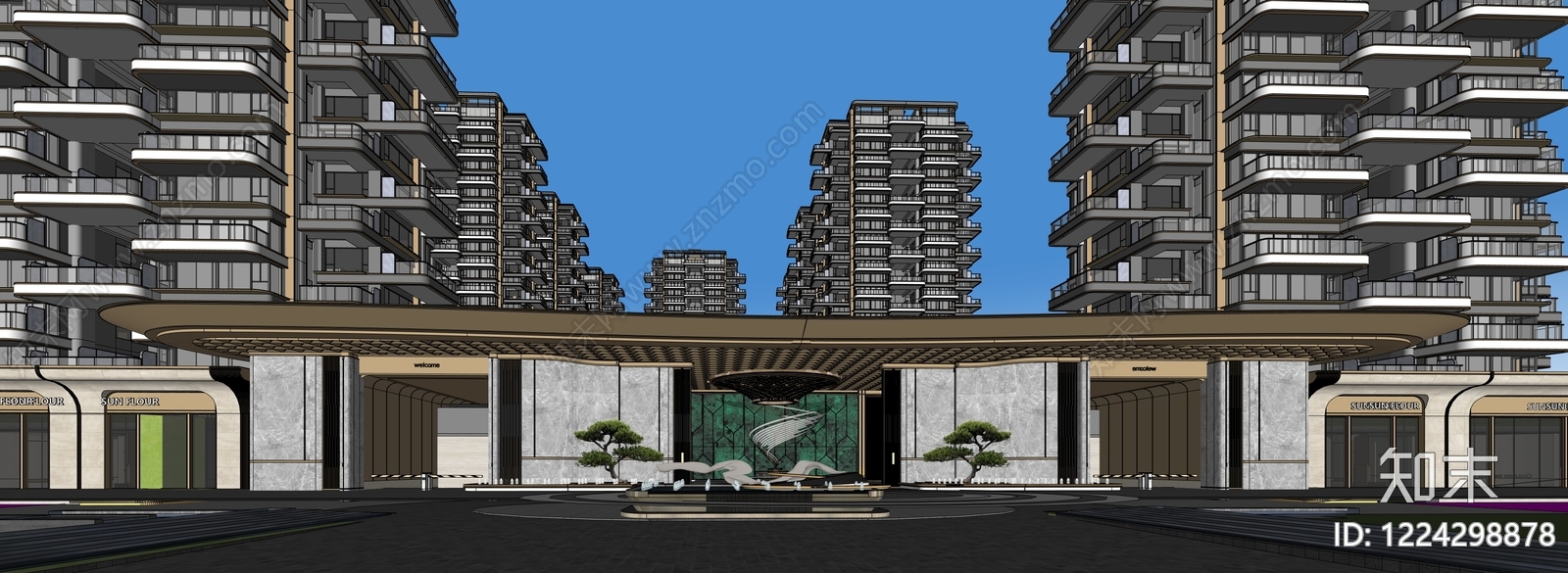 新中式小区建筑SU模型下载【ID:1224298878】