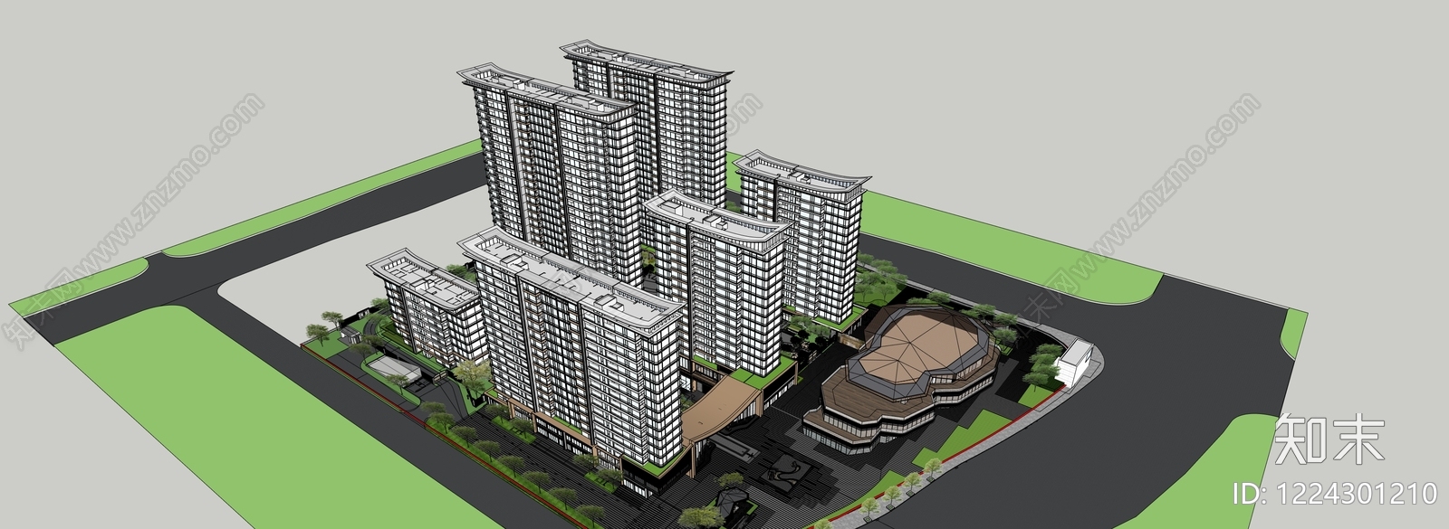 新中式小高层住宅楼SU模型下载【ID:1224301210】