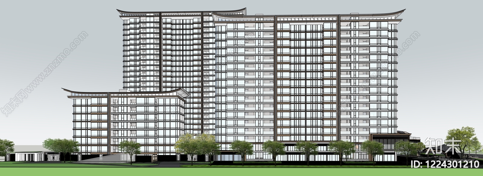 新中式小高层住宅楼SU模型下载【ID:1224301210】