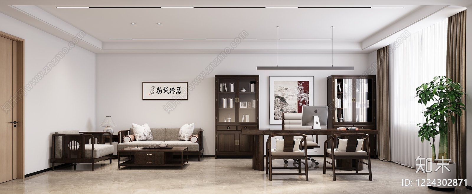 新中式经理办公室3D模型下载【ID:1224302871】